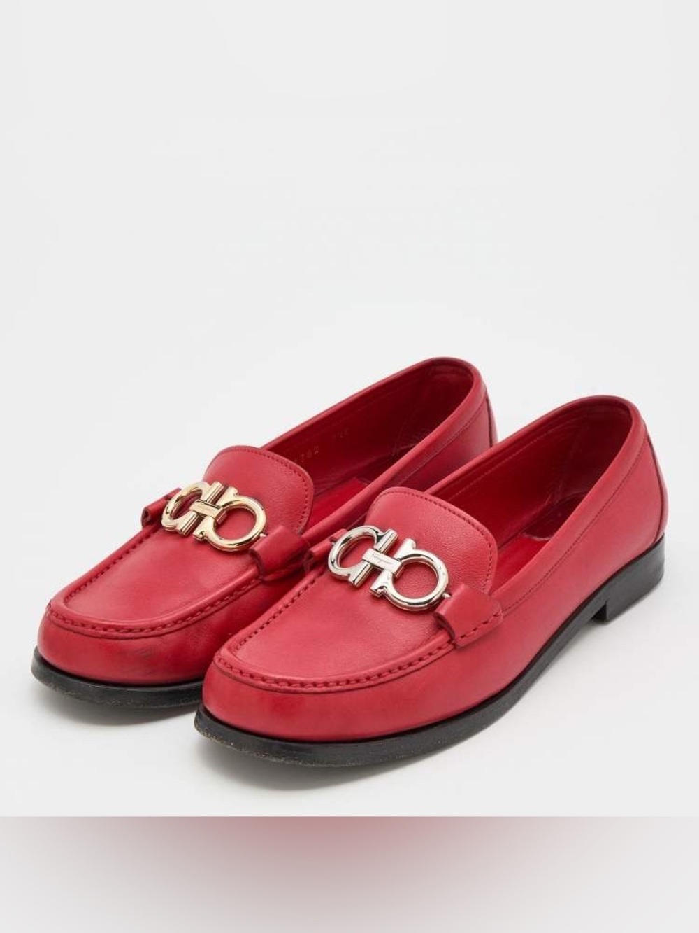 Salvatore Ferragamo Red Leather Vara Bit Loafers with Gold Hardware
